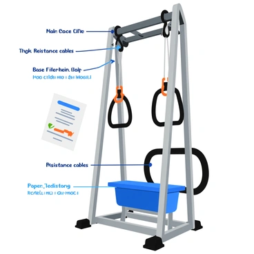 A detailed illustration of a face pull exercise machine set in a gym environment. The machine features a sturdy frame with a pulley system at the top. The pulleys are connected to thick, resistance cables that lead to two handles. Each handle is ergonomically designed for a comfortable grip. The base of the machine has rubberized feet for stability on the gym floor. Labels point to specific parts, including "pulleys," "resistance cables," "handles," and "base." There are clear usage instructions displayed beside the machine, detailing the proper stance and grip for performing the face pull exercise.