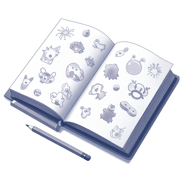 An open sketchbook lies on a wooden table. The pages are filled with various whimsical doodles, including playful animals, abstract shapes, and imaginative characters. Creative scribbles in different sizes and styles are scattered across the pages. Some doodles appear to burst with energy, while others are detailed illustrations. A pencil rests beside the sketchbook, partially obscured by the pages, suggesting recent use. The overall composition invites curiosity and a sense of exploration into the artist's mind.