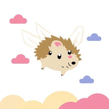 A hedgehog with tiny, delicate wings is floating through a sky filled with fluffy pastel clouds in shades of pink, blue, and yellow. The hedgehog has soft quills that are a mix of brown and cream, and its eyes are bright and cheerful. The tiny wings are transparent with a slight shimmer, catching the light as the hedgehog glides gracefully among the clouds. Below, the horizon is a gentle gradient of colors, enhancing the whimsical atmosphere of the scene.