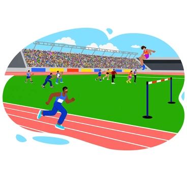 A large stadium filled with spectators watching athletes competing in a track and field event. In the foreground, a sprinter wearing a bright blue uniform is bursting off the starting line, focusing intently on the race ahead. Nearby, a group of athletes is preparing to jump over the high jump bar, with one athlete in the air, executing an elegant jump. In the background, other competitors are running on the track, their colorful uniforms contrasting against the green grass of the field. The stands are vibrant with flags and banners, adding to the excitement of the event.