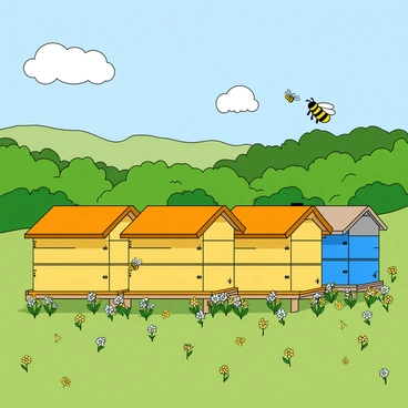 A vibrant bee farm with multiple wooden beehives painted in bright colors like yellow and blue. The beehives are arranged in a neat row on a grassy field, with wildflowers blooming in various shades around them. A swarm of small cartoon-like bees, with black and yellow stripes, are buzzing in the air, some hovering near the beehives. The sky above is clear with a few fluffy clouds, creating a cheerful atmosphere. In the background, there are rolling hills covered in lush greenery.