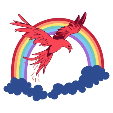 A red phoenix with majestic wings is soaring gracefully through a vibrant rainbow that arcs across the sky. The feathers of the phoenix are glistening as sunlight catches them, creating a shimmering effect. Below, remnants of dark storm clouds are dissipating, with traces of rain falling away. The bright colors of the rainbow contrast beautifully against the deep blues and grays of the storm clouds, creating a striking visual scene. The phoenix’s eyes are bright and determined as it navigates through this colorful arch in the sky.
