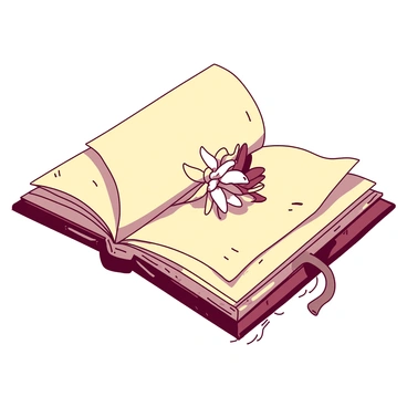 An old diary with worn leather cover is open to reveal a delicate, dried flower pressed between its yellowed pages. The flower has soft, muted petals that are slightly crumbled, capturing the essence of its once-vibrant color. The pages of the diary are filled with faded handwritten notes and sketches, with intricate details visible on the paper. The scene is softly lit, highlighting the textures of the diary and the fragile nature of the pressed flower.
