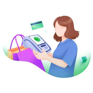 A modern pastel illustration depicting a person with medium-length brown hair, wearing a blue shirt, holding a smartphone close to a sleek, modern contactless payment terminal. The terminal is silver with a small screen displaying a green checkmark. In the background, there are subtle outlines of shopping bags and a credit card, emphasizing the theme of payment. The scene is bathed in soft pastel colors, creating a contemporary and inviting atmosphere.