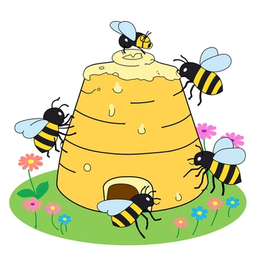 A group of cartoon-like bees buzzing around energetically, each with bright yellow and black stripes on their bodies. Some bees are carrying small pieces of wax while others are working on shaping the hive. The hive is an abstract hexagonal structure made of golden honeycomb, with a few droplets of honey oozing from the edges. The bees are shown in various poses: one is placing a wax piece carefully, another is flying overhead, while a third is inspecting the hive with its tiny eyes. The background features a vibrant green meadow filled with colorful flowers, adding to the lively atmosphere.