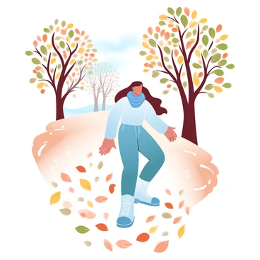 A person wearing a casual scarf and stylish boots is walking through a park covered with a thick layer of fallen leaves. The leaves are varying shades of orange, yellow, and brown, creating a vibrant carpet on the ground. The trees in the background are tall and lush, their branches stretching out with a mix of green and autumn colors. Sunlight filters through the branches, casting gentle shadows on the path. The person is in motion, creating a sense of activity in this peaceful autumn setting.