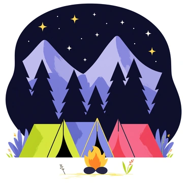 A mountain campsite featuring three colorful tents arranged in a small clearing surrounded by tall trees. The tents are in shades of green, blue, and red, each with a flap slightly open. Above, a dark night sky is filled with glittering stars, shining brightly against the backdrop of the purple mountains. A campfire with glowing embers is situated in front of the tents, casting a warm light. Soft outlines of grassy patches and some wildflowers are visible in the foreground.