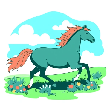 A teal horse with a beautifully painted coat in shades of orange is galloping across a vibrant green meadow. The horse's mane flows wildly in the wind, and its muscles ripple with strength and grace. Surrounding the meadow are clusters of colorful wildflowers swaying gently. In the background, a bright blue sky with fluffy white clouds creates a cheerful atmosphere as the horse moves freely through the lush landscape.