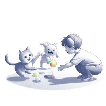 A peep playing with a fluffy cat and a playful dog in a sunny backyard