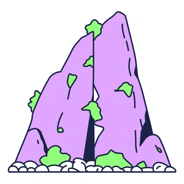 A mountain rock face towers against a clear sky. The surface of the rock exhibits a rugged texture, with various protrusions and crevices. A prominent crack runs vertically through the center of the rock face, emphasizing its jagged nature. Surrounding the crack, there are patches of moss and small shrubs clinging to the rock. The surrounding area features scattered stones and gravel at the base of the mountain, illustrating the natural erosion process.