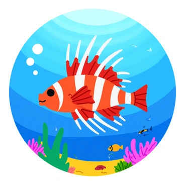 A lionfish with vibrant red and white stripes is gracefully swimming near a coral reef. The sunlight filters through the surface of the water, creating sparkling patterns on the ocean floor. The reef is teeming with colorful corals and small fish darting around. The lionfish's long, flowing fins are spread wide, showcasing their intricate details. Bubbles rise gently around the fish, adding to the tranquil underwater scene.