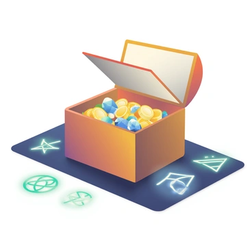 An open wooden box sits in the center of the image, its lid propped up. The box is filled with assorted shimmering treasures, including gold coins and sparkling jewels. Surrounding the box, intricate and enigmatic symbols are glowing on the ground in shades of blue and green. Each symbol has a unique design, radiating a soft light that creates a mystical atmosphere. The ground appears dark, highlighting the luminosity of the symbols and the contents of the box.