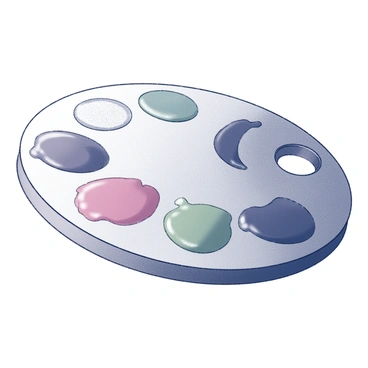 An artist's palette with a round shape resting on a flat surface. The palette is filled with various blobs of paint that include shades reminiscent of vibrant textiles. Each paint section is distinct and arranged artistically, giving an impression of a carefully curated selection. The palette also features a thumb hole for easy handling.