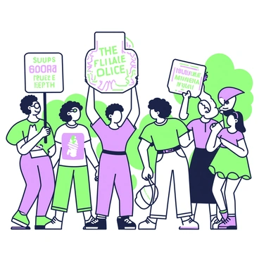 A group of diverse protesters is gathered in a public space, facing forward. Each person is holding a sign with various messages advocating for "free speech." The crowd includes individuals of different ethnicities and ages, showcasing a vibrant mix of clothing styles. In the center, a person with curly hair is raising their sign high, while another individual with glasses stands to the left, smiling and holding a colorful sign. To the right, someone with long hair is excitedly discussing with a friend, who is nodding in agreement while holding their own sign. The background features trees and a clear sky.