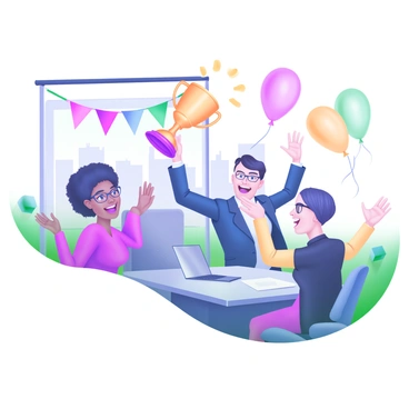 A modern pastel illustration depicting a group of office workers celebrating. The scene features a diverse group of individuals, including a woman with curly hair and glasses, a man with short hair and a suit, and another woman with straight hair and a bright blouse. In the center, a colleague is holding a trophy high above their head, with a big smile on their face. The surrounding workers are clapping and cheering, with some raising their arms in excitement. The office environment includes desks, a large window with a view of the city, and colorful decorations. Balloons in various pastel colors float in the background, adding to the festive atmosphere.