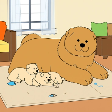 A fluffy mother Chow Chow with a thick golden-brown coat lies comfortably on a soft, plush rug in a cozy living room. She has a gentle expression, and her round face features dark, expressive eyes. Surrounding her are three adorable puppies, each with slightly different shades of fur ranging from light cream to darker brown. The puppies are playfully nestled against her, some partially hiding beneath her large paws. The living room features warm wooden furniture, a restful couch with colorful throw pillows, and a window with sheer curtains allowing soft light to filter through. A few scattered toys are visible on the rug, adding to the homely atmosphere.