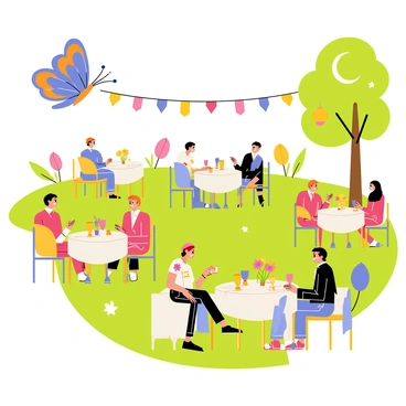 A butterfly with vibrant blue and orange wings flits gracefully around a garden party. The garden is adorned with colorful decorations, including bright paper lanterns hanging from trees and tables covered in cheerful tablecloths. Guests are seated at small round tables, enjoying refreshments and chatting. There are flower arrangements in various hues, such as pink, yellow, and purple, adding to the festive atmosphere. The sun shines brightly, casting playful shadows on the grass.