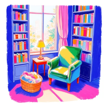 A quiet library corner features a plush armchair upholstered in deep green fabric, positioned next to a small wooden side table. A tall, elegant reading lamp with a warm yellow light stands beside the armchair, casting a soft glow. Surrounding the area, tall shelves are filled with a variety of books in colorful spines, some neatly arranged while others are stacked haphazardly. A woven basket filled with blankets is placed near the armchair, inviting relaxation. A small window lets in natural light, illuminating the scene.