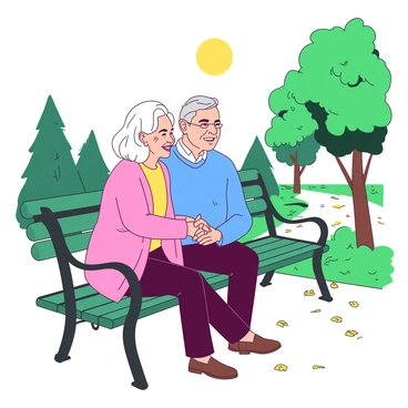 An elderly couple is sitting on a green park bench. The man has gray hair and is wearing a blue sweater, while the woman has white hair and is dressed in a pink cardigan. They are holding hands, their fingers gently intertwined. Both are smiling at each other, their faces expressing warmth and happiness. In the background, there are lush green trees and a pathway with scattered yellow leaves. The sun is shining softly, creating a cheerful atmosphere around them.