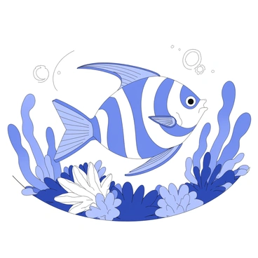A tropical fish is swimming in a coral reef. The fish has intricate patterns on its scales, featuring a mix of shapes and textures along its body. Its fins are elongated and gracefully flowing, extending outwards as it moves. Surrounding the fish are various corals and aquatic plants, creating a rich environment for the scene. Sunlight filters through the water, illuminating the fish and enhancing its detailed features.