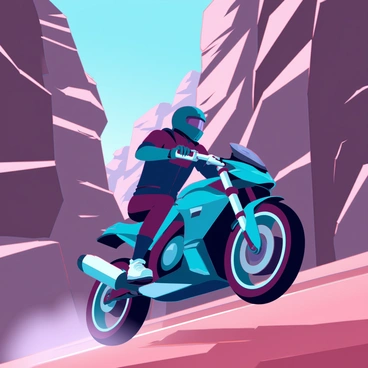 A biker with a sturdy black helmet and a sleek, aerodynamic motorcycle is skillfully navigating through a narrow canyon pass. The canyon walls are steep and jagged, displaying layers of rocky terrain in various shades of brown and gray. Sunlight filters through the narrow gaps in the rocks, casting dramatic shadows on the ground. The biker leans into a sharp turn, showcasing precise control, with the motorcycle's tires gripping the rocky surface. Dust is kicked up behind the bike, adding a dynamic feel to the scene. In the distance, a clear blue sky contrasts with the earthy tones of the canyon.