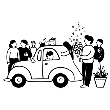 A bride dressed in a flowing gown stands with her groom beside a vintage car, holding a bouquet tightly. The scene shows the bride looking towards her family and friends with her hands clasped at her chest. The groom stands by her side, gently holding her arm. A few tear-shaped elements fall from the bride’s bouquet, symbolizing the bittersweet moment. In the background, a group of guests wave goodbye, some holding up their hands and others with handkerchiefs, creating a sense of heartfelt farewell. There are small decorations on the vintage car, including "Just Married" written on a banner attached to the back.