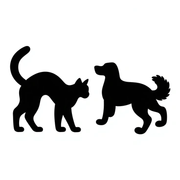 Silhouettes of a cat and a dog are positioned side by side. The cat is arched with a raised tail, showcasing its slender form, while the dog stands with its tail wagging, reflecting a more robust shape. The background is a smooth, plain color, allowing the silhouettes to stand out sharply. The outlines of the animals are clearly defined, emphasizing their distinct shapes and postures.
