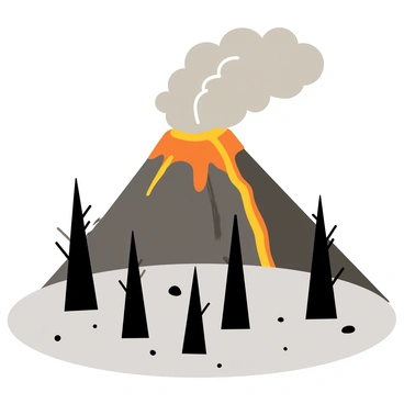 A landscape featuring a large, active volcano with orange lava flowing down its sides. The sky is filled with thick, dark ash clouds, creating a dramatic atmosphere. The ground is covered in grey ash, with several charred trees in various stages of destruction, their blackened trunks contrasting against the fiery glow from the volcano. Some small rocks and debris are scattered across the foreground, adding to the scene of volcanic activity.