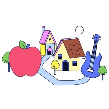 A village scene featuring houses uniquely shaped like various objects. One house resembles a giant apple with a bright red exterior and a green leaf on top. Another house takes the form of a classic book, with textured brown "pages." There is a house shaped like a teapot, complete with a curved spout and handle, painted in pastel colors. A fourth house looks like a tall guitar, with strings and a colorful body. The pathways between the houses are lined with small trees and flowers, adding to the charm of this whimsical village.