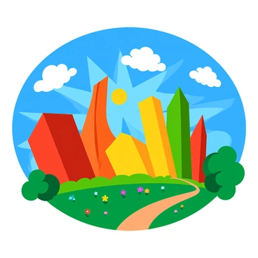 A city skyline featuring several tall buildings that appear to be bending and swirling, creating an illusion similar to a funhouse mirror. Each building has a unique shape with distorted angles and curves. The sky is a bright blue with a few fluffy white clouds scattered throughout. The sun casts vibrant rays of light, enhancing the colors of the buildings, which include reds, yellows, and greens. The foreground displays a park with colorful flowers and a pathway that leads toward the twisting skyline.