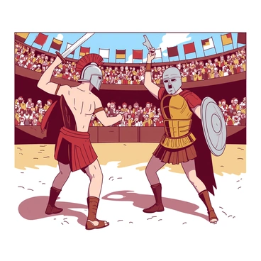 Two gladiators are standing in a dusty stone arena, preparing to face off against each other. One gladiator is wearing a silver helmet and has a muscular build, holding a sword in his right hand raised in a defensive stance. The other gladiator, adorned with a bronze chest plate, is wielding a shield in his left hand and a curved sword in his right. Around them, a vibrant crowd of spectators fills the stands, with some waving colorful banners and others leaning forward in anticipation of the imminent clash. The sun casts dramatic shadows across the arena, highlighting the intensity of the standoff.
