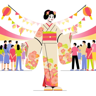 A geisha participating in a lively cultural festival, showcasing traditional dances.