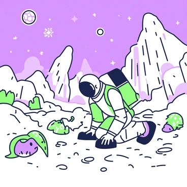 An astronaut in a space suit is exploring the surface of an uncharted planet. The landscape is rocky and varied, featuring unusual rock formations in different shapes and sizes. In the foreground, several alien creatures are present. One creature has a long, sinuous body and multiple limbs, while another resembles a small, floating orb with glowing patterns on its surface. The astronaut is crouched down, examining the ground, while the creatures curiously observe from a short distance. In the background, the sky is filled with vibrant celestial phenomena, including distant stars and nebulae.
