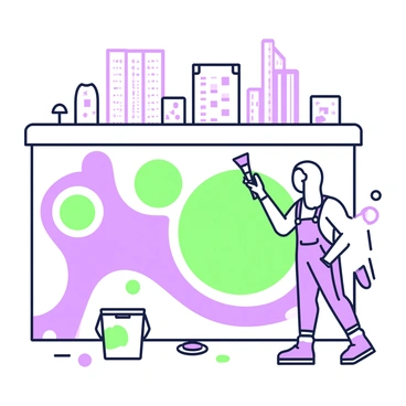 A woman with long hair is painting a mural on a large city wall. She is wearing a white tank top and denim overalls. Next to her, a paint bucket is open, filled with green and purple paint. She holds a brush in her right hand, applying vibrant strokes to the wall, which features abstract shapes and designs. On the ground, there are splatters of paint in the same colors. In the background, tall buildings of varying heights create a skyline under a clear sky.
