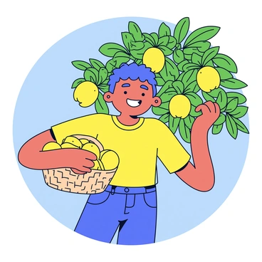 A cheerful person with a bright smile picking guavas from a lush green tree. The person is wearing a yellow shirt and denim shorts. In their hand is a woven basket, partially filled with ripe guavas. The tree has vibrant green leaves, and clusters of round, yellowish-green guavas can be seen among the branches. The background shows a clear blue sky.
