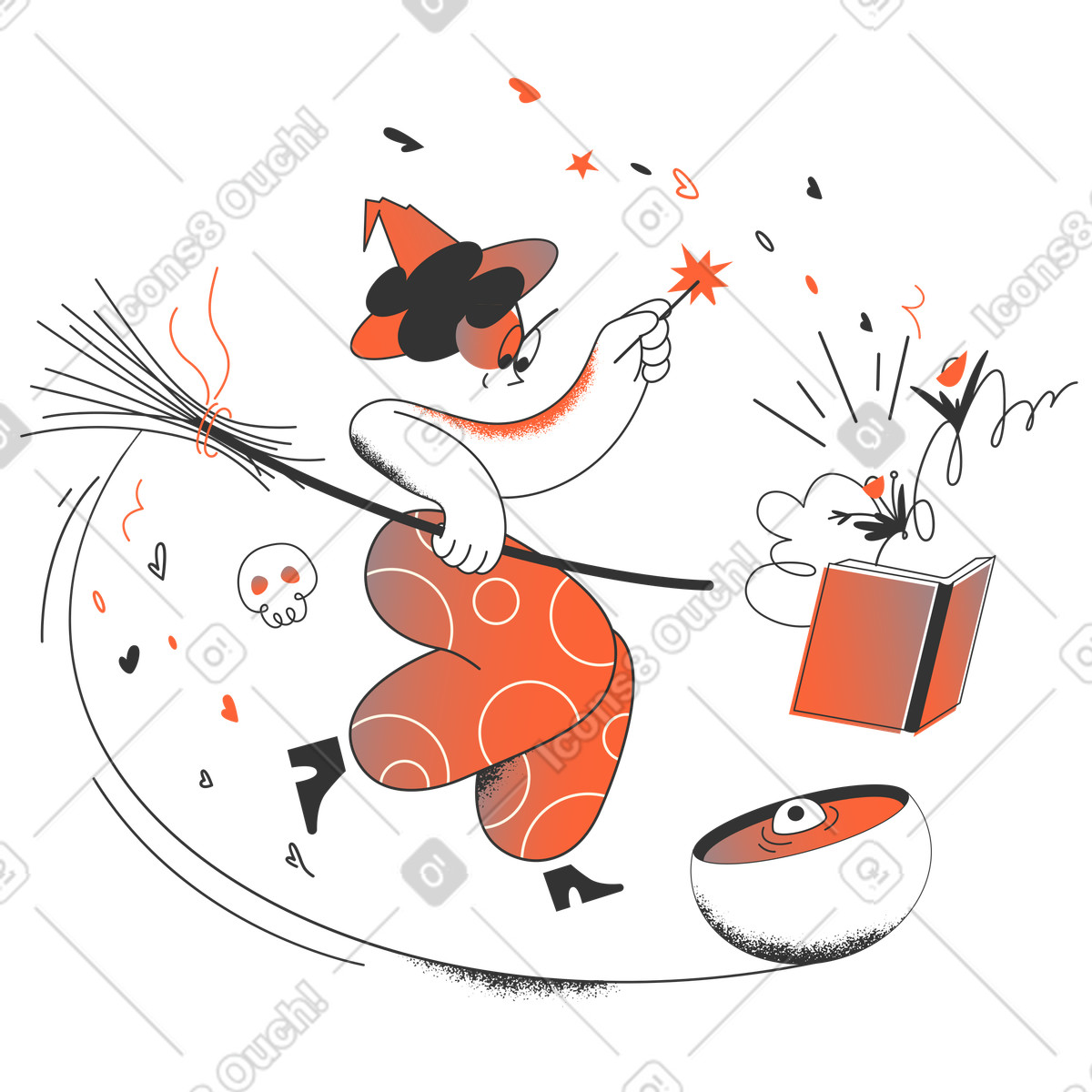Evil witch doing magic with a book illustration in PNG, SVG
