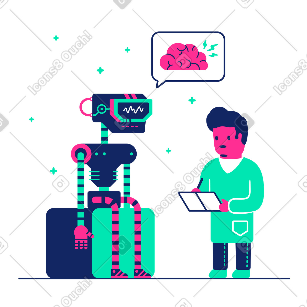 Scientist checks the mental health of a robot illustration in PNG, SVG