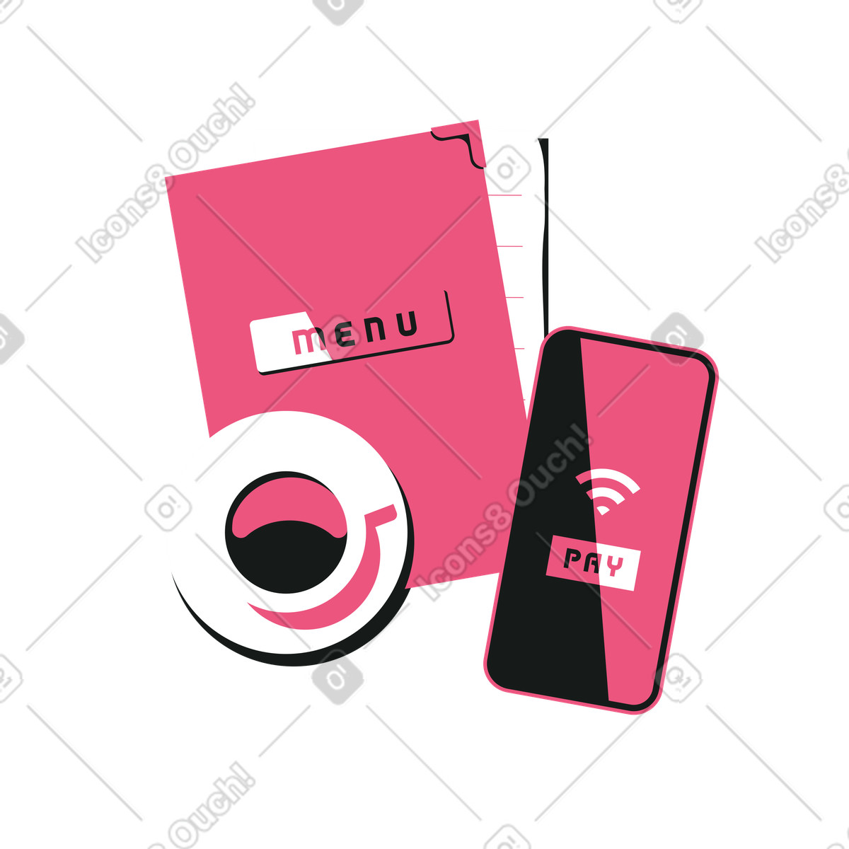 Vista dall'alto della tazza di caffè, cartella con menu bar e smartphone funzione pagamento online illustrazione in stile Lounge scarica in PNG, SVG