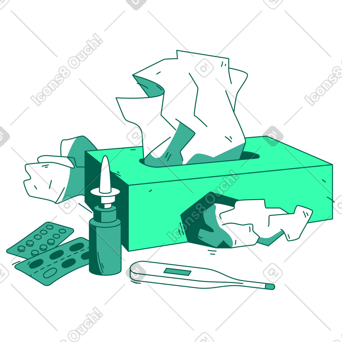 Иллюстрация Коробка салфеток и спрея для носа. в PNG и SVG