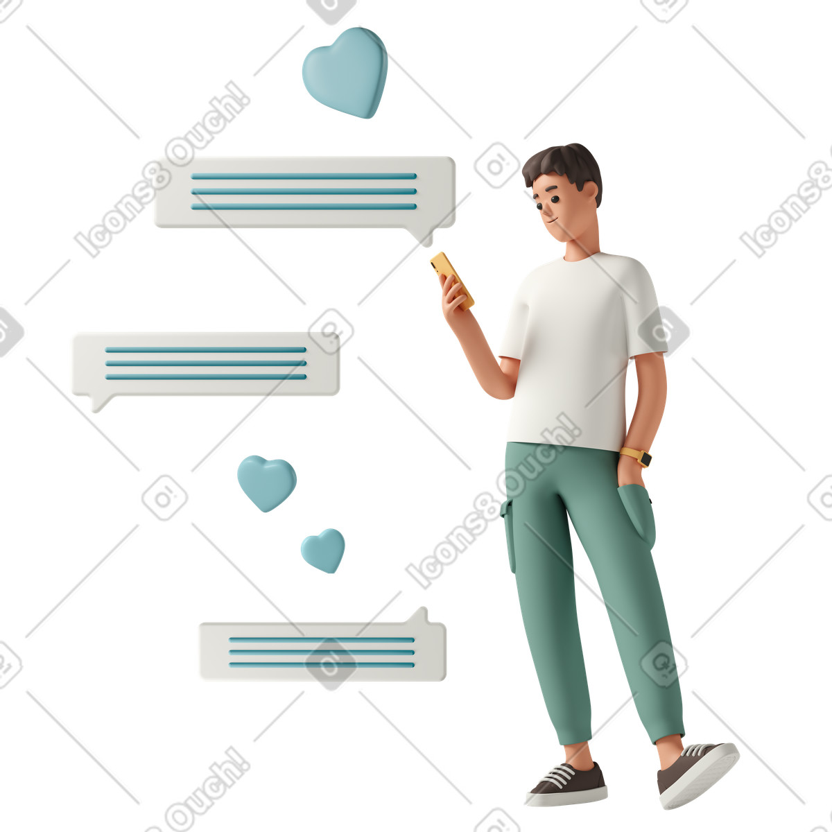 下载 3D Casual life 风格的 Texting on smartphone with chat bubbles, online messaging and social apps 插画，支持 PNG、SVG 格式