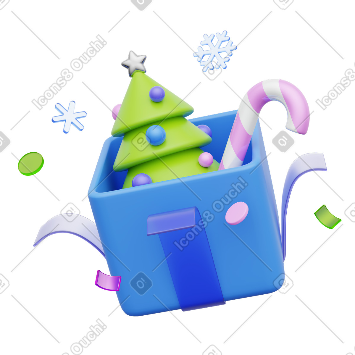 Gift box with christmas tree and candy cane, Holiday celebration winter decor illustration in 3D Playful style download in PNG, SVG