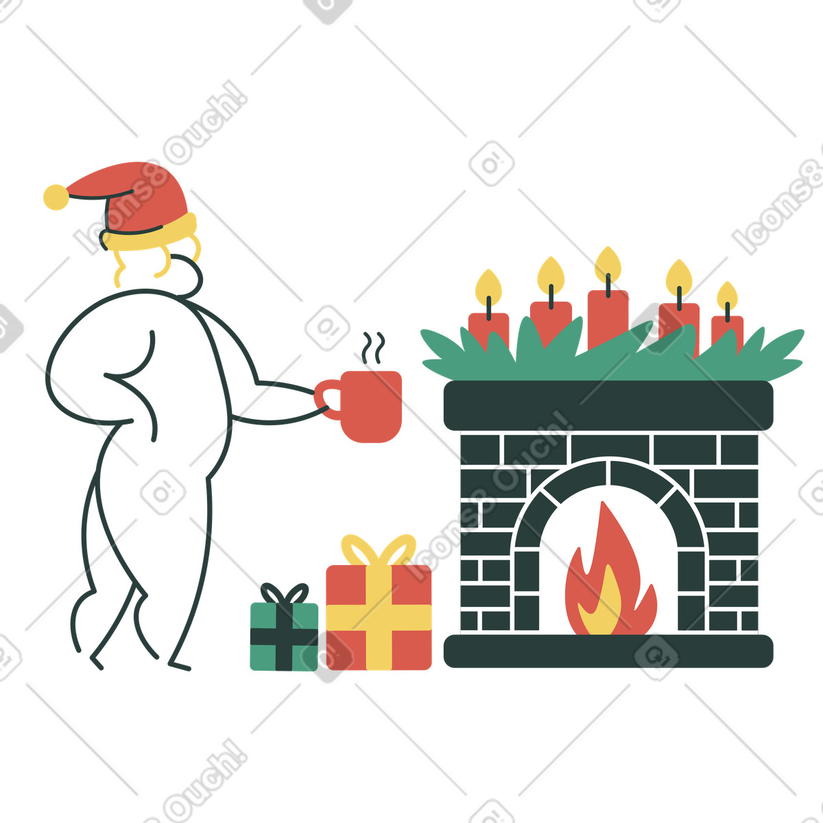 Ilustración Cozy evening by the fireplace decorated for Christmas, Winter relaxation and celebration en estilo Macaroni a descargar en PNG y SVG