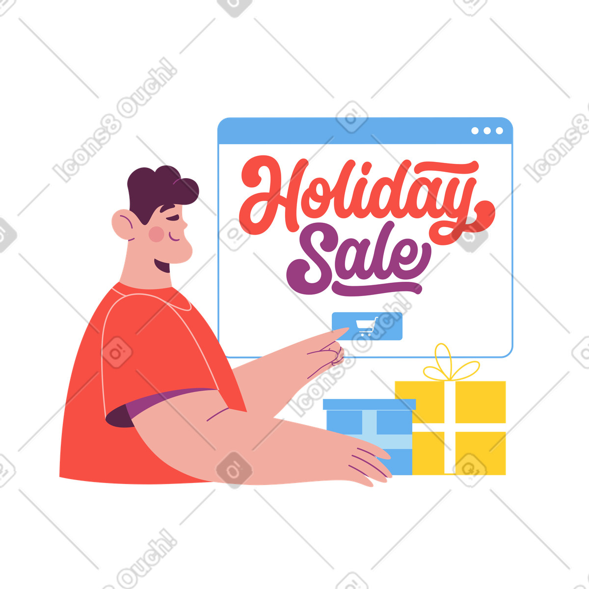 Lettering Holiday Sale with browser and gift boxes illustration in Sammy style download in PNG, SVG