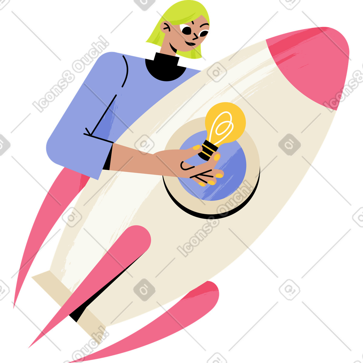 Donna che prepara il razzo di avvio per lancio con idee illustrazione in stile Juicy scarica in PNG, SVG