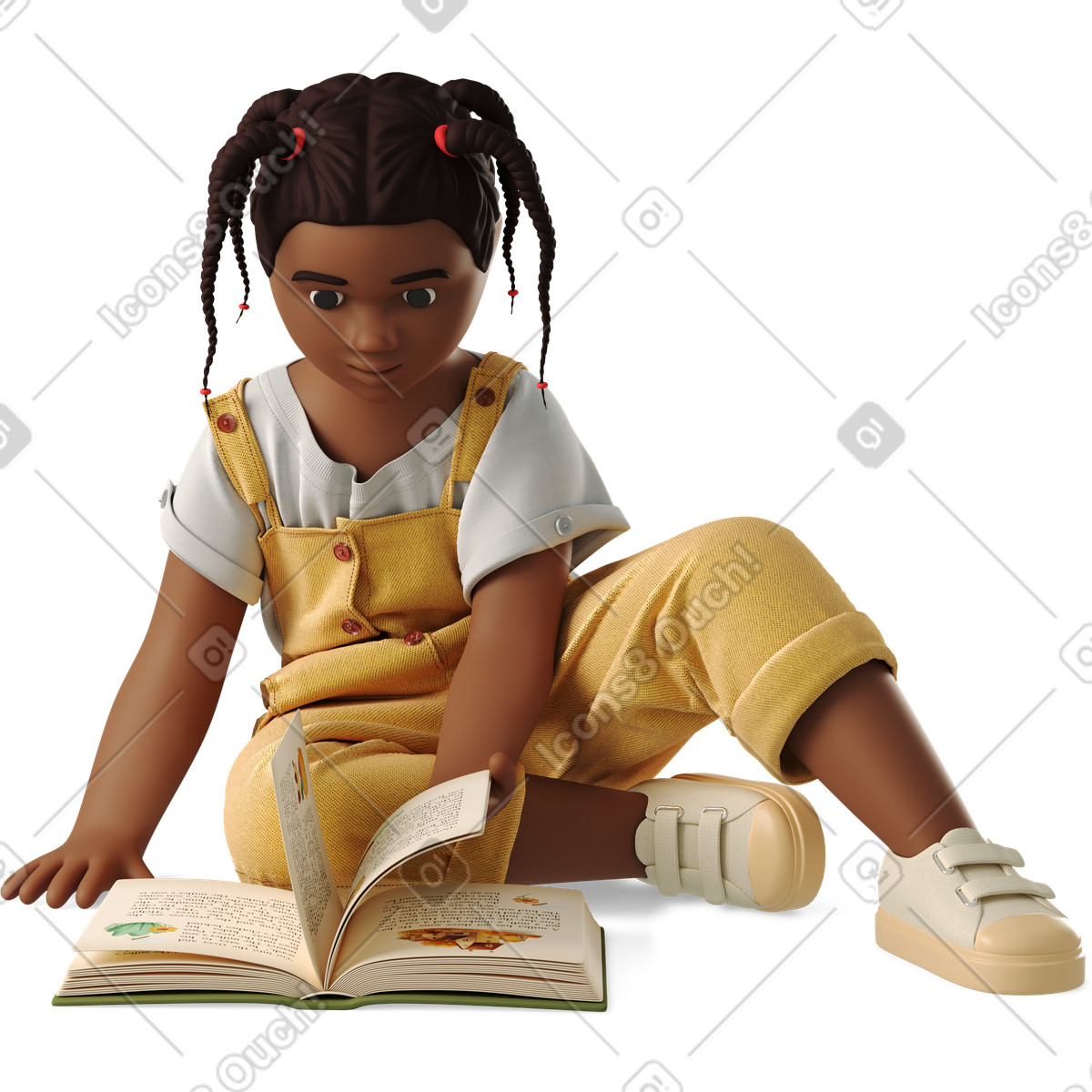 3D Business 스타일의 Little girl reading a book 일러스트레이션 PNG, SVG 다운로드