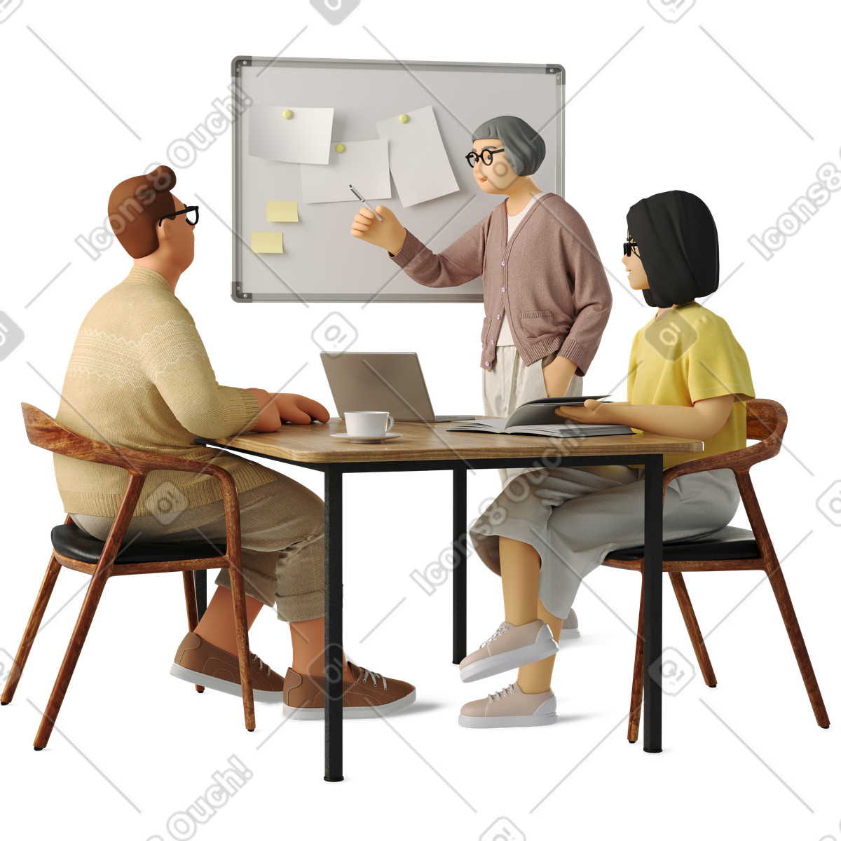 下载 3D Business 风格的 Three people working on the project 插画，支持 PNG、SVG 格式