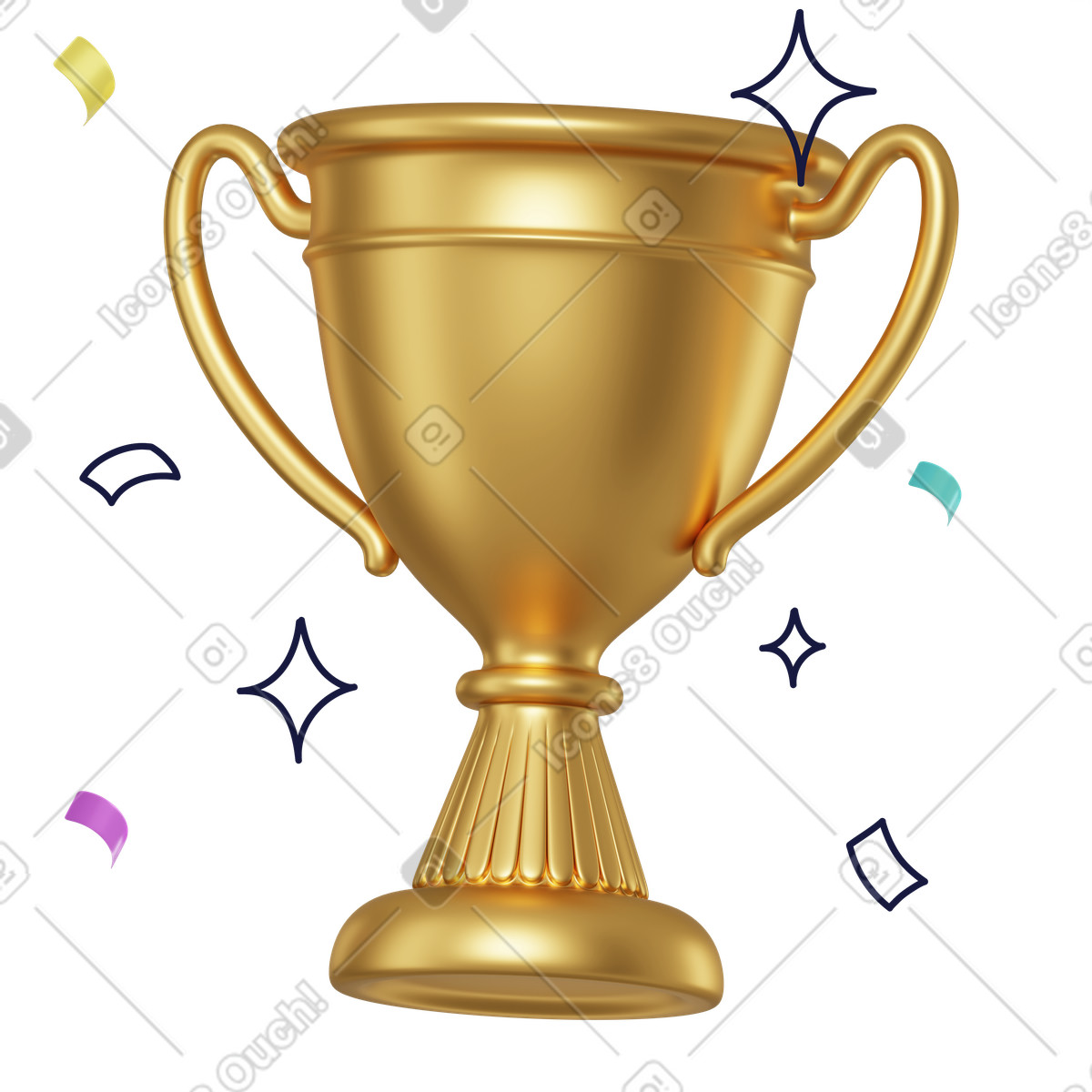 Gold trophy with confetti, award and achievement recognition animated illustration in 3D Surfaced style download in GIF, Lottie (JSON), AE