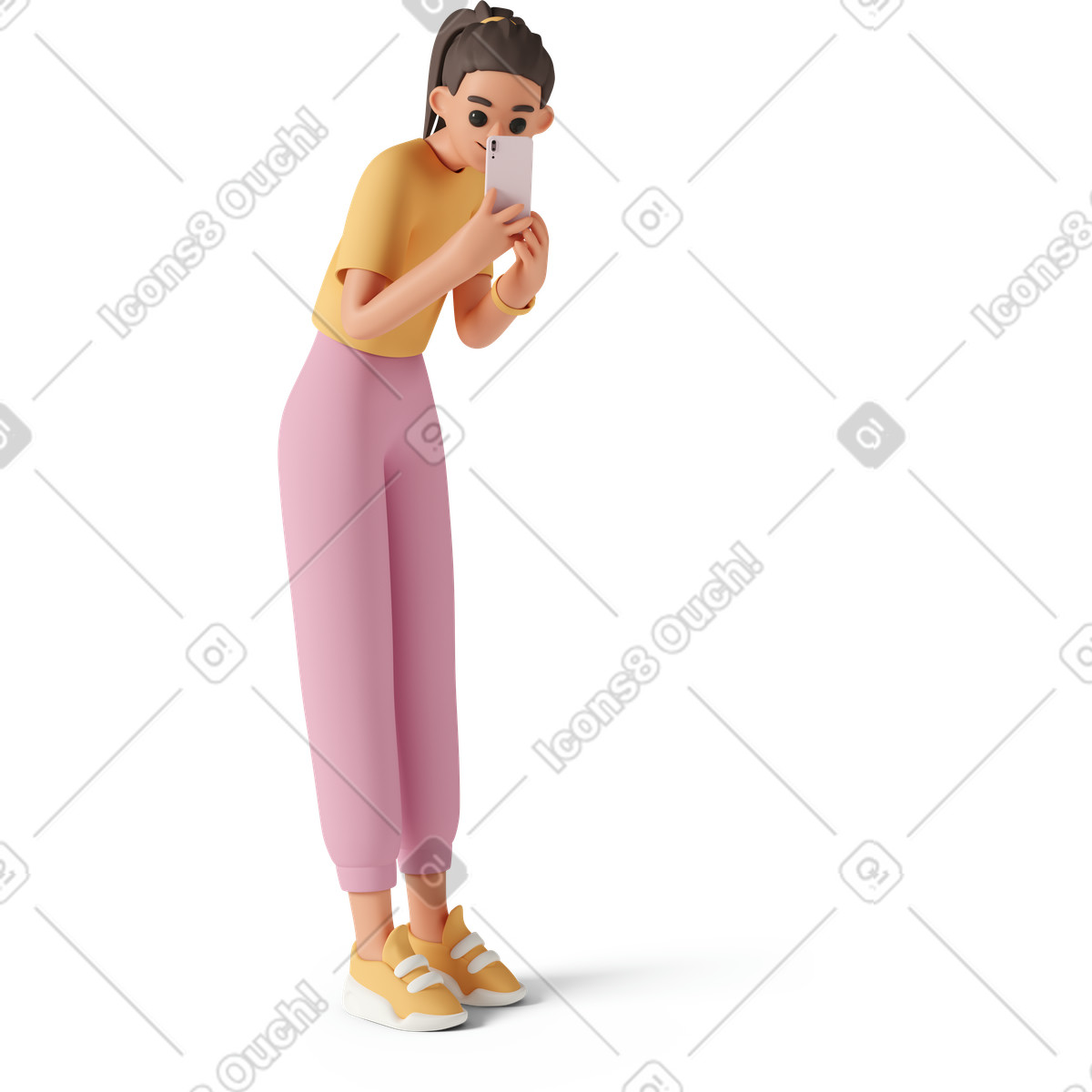 Illustration Full length of young woman taking selfie with phone dans le style 3D Casual life à télécharger aux formats PNG, SVG