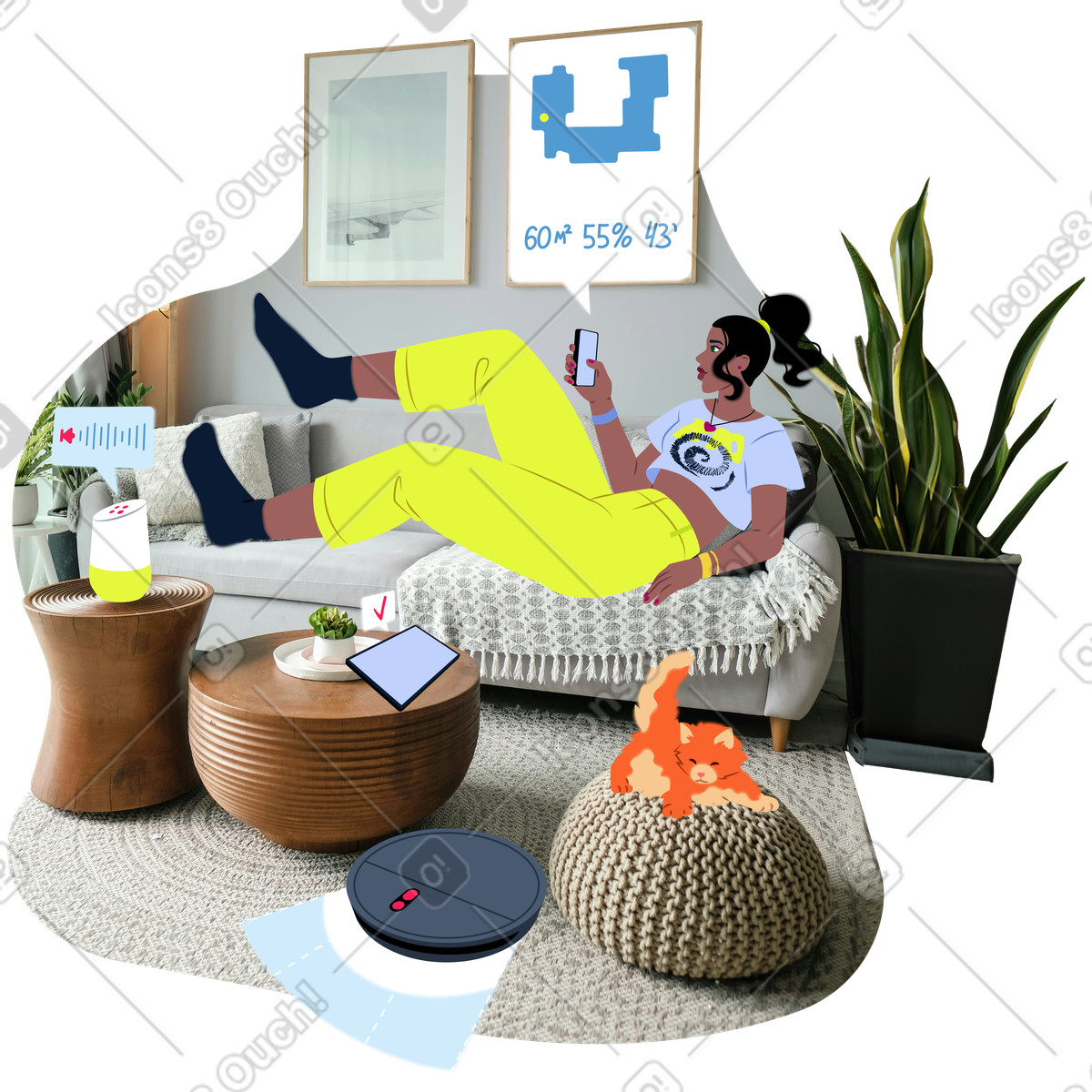 Young woman using an app to control a smart home animated illustration in Everyday style download in GIF, Lottie (JSON), AE