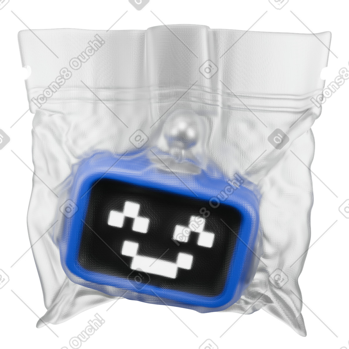 下载 3D Wrap 风格的 Smiling robot inside vacuum bag, Technology protection and preservation 插画，支持 PNG、SVG 格式